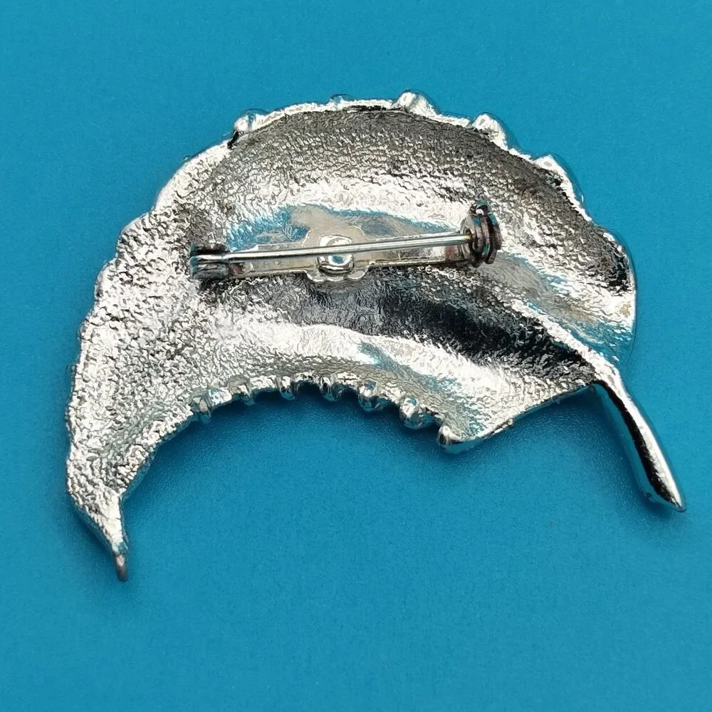 Textured Leaf Feather Brooch Pin Silver Tone 1.75